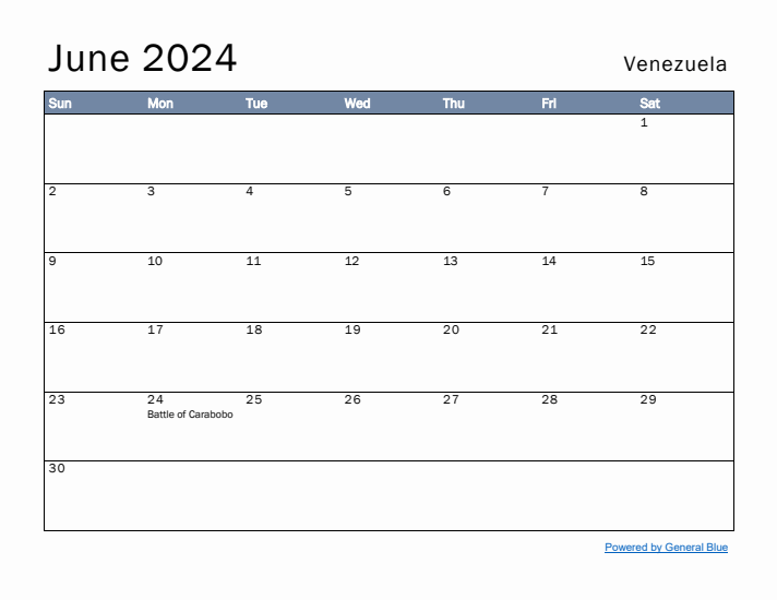 June 2024 Simple Monthly Calendar for Venezuela