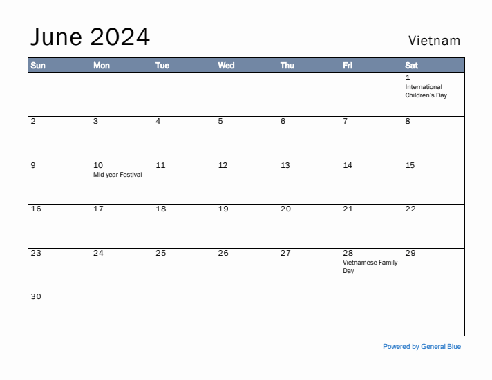 June 2024 Simple Monthly Calendar for Vietnam