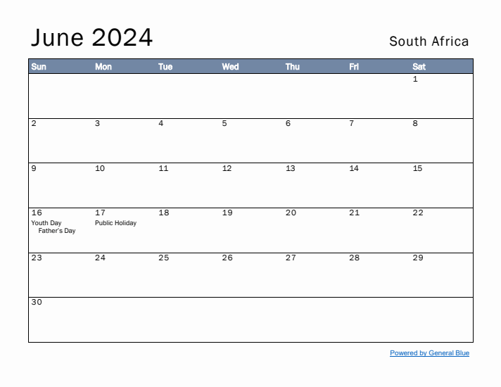 June 2024 Simple Monthly Calendar for South Africa