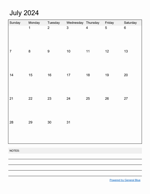 Basic Monthly Calendar Template for July 2024