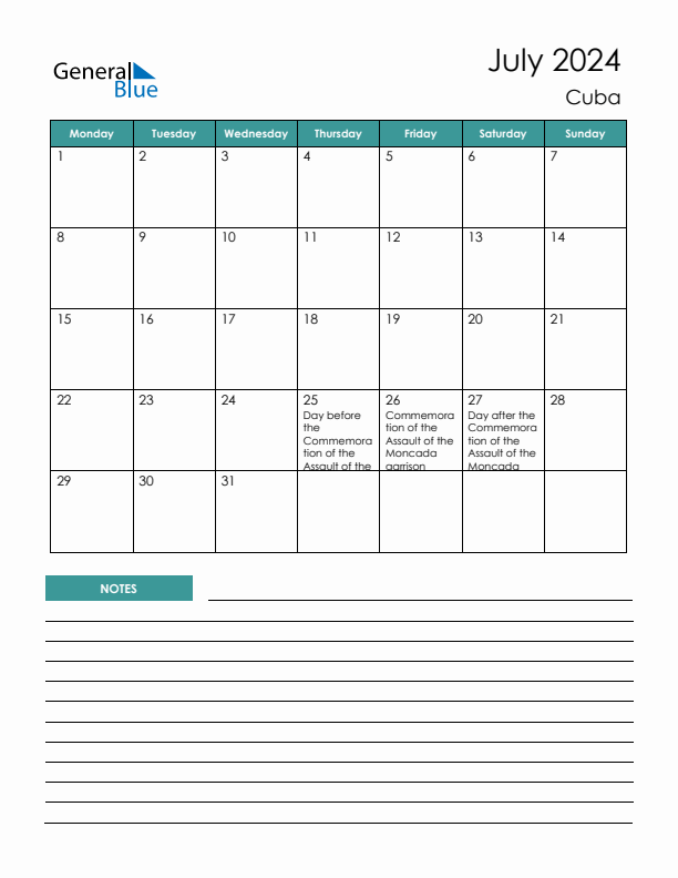 Calendar with Notes Printable - Monday Start