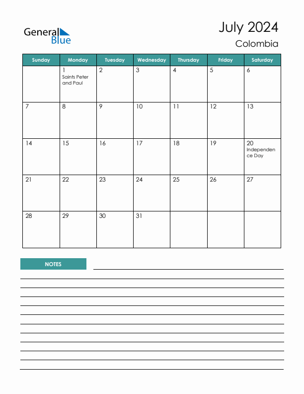 Calendar with Notes Printable - Sunday Start