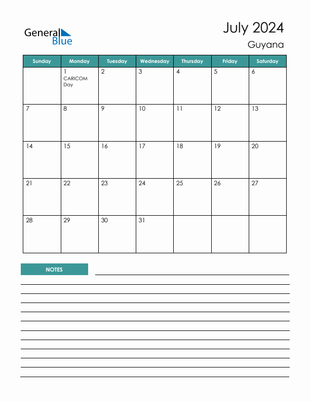 Calendar with Notes Printable - Sunday Start