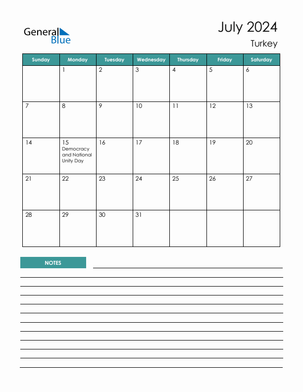 Calendar with Notes Printable - Sunday Start