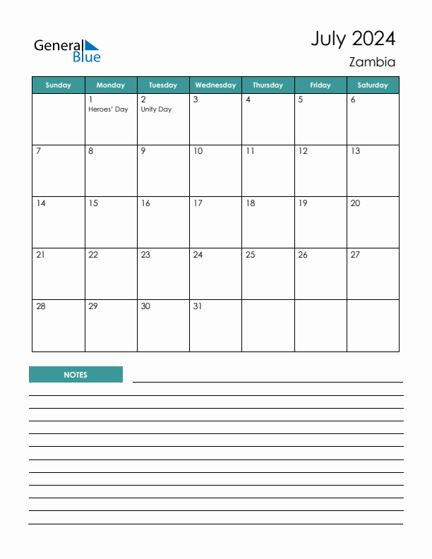 Calendar with Notes Printable - Sunday Start