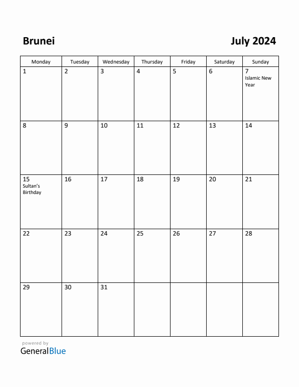 July 2024 Calendar with Brunei Holidays