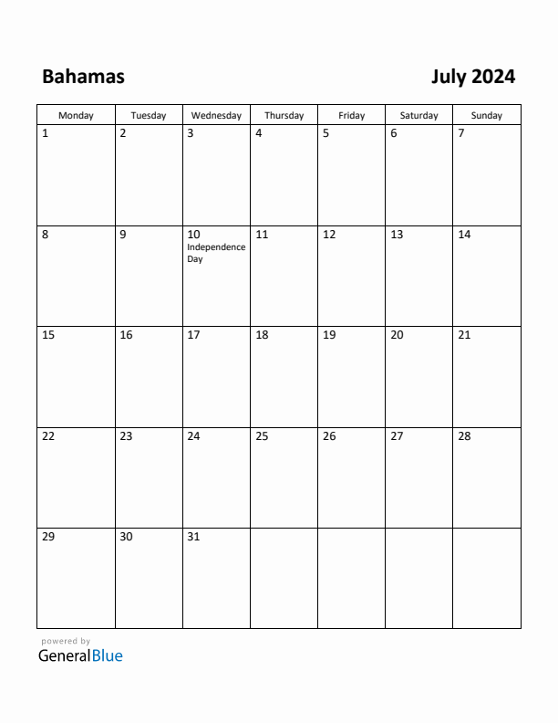 July 2024 Calendar with Bahamas Holidays