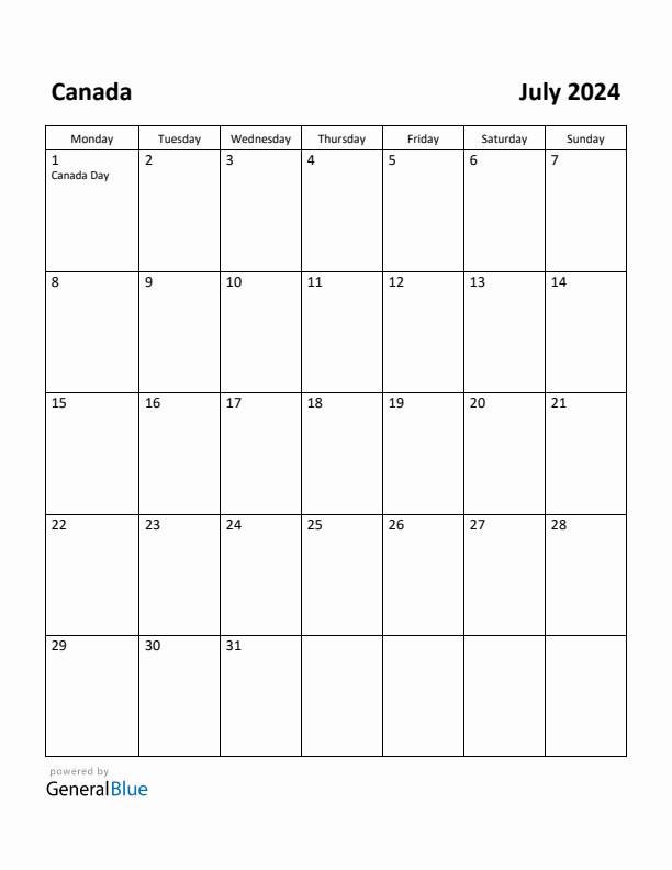 July 2024 Calendar with Canada Holidays