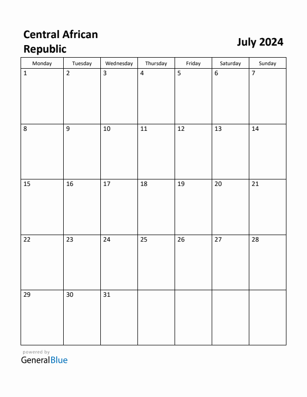 July 2024 Calendar with Central African Republic Holidays