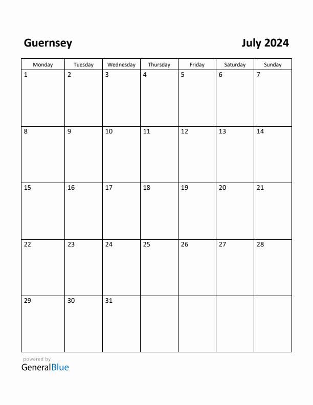 July 2024 Calendar with Guernsey Holidays