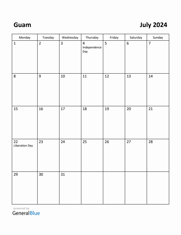 July 2024 Calendar with Guam Holidays