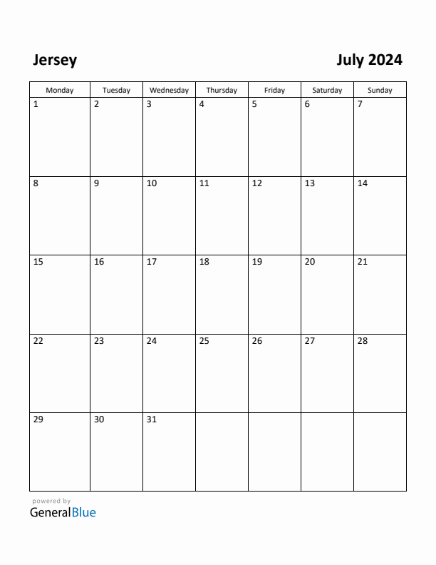 July 2024 Calendar with Jersey Holidays