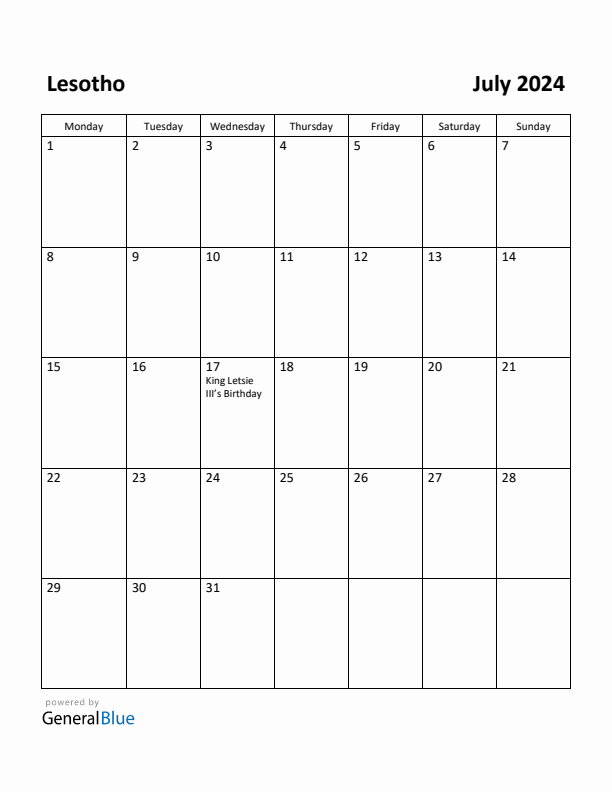 July 2024 Calendar with Lesotho Holidays