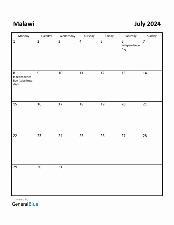 July 2024 Calendar with Malawi Holidays