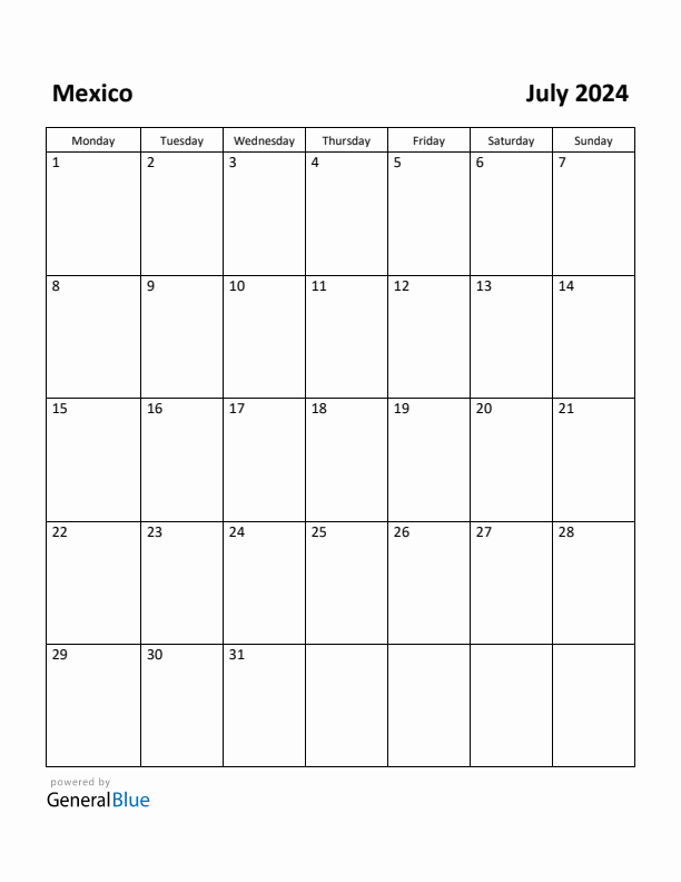 July 2024 Calendar with Mexico Holidays