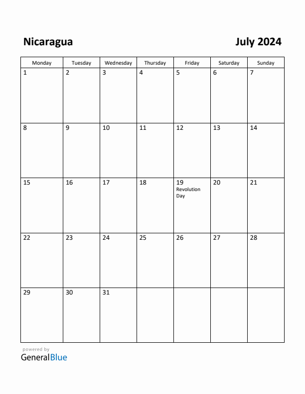 July 2024 Calendar with Nicaragua Holidays