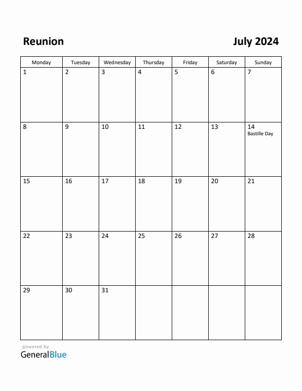 July 2024 Calendar with Reunion Holidays