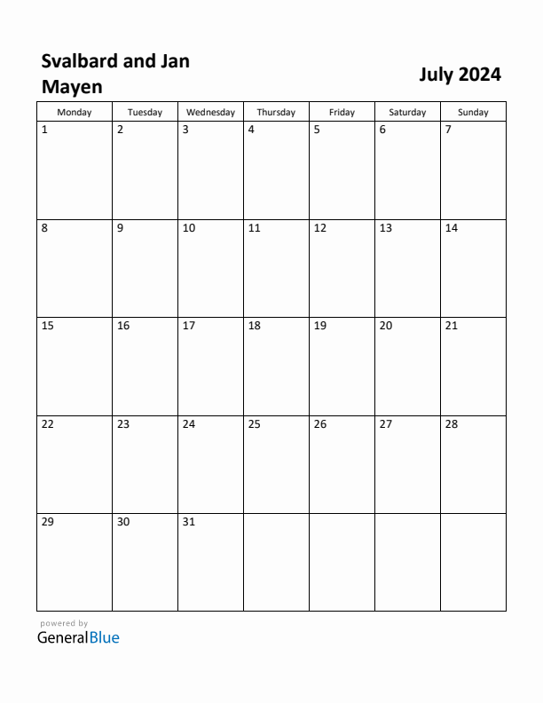 July 2024 Calendar with Svalbard and Jan Mayen Holidays