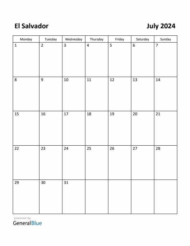 July 2024 Calendar with El Salvador Holidays