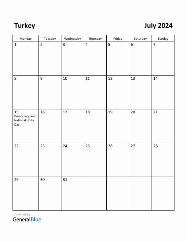 July 2024 Calendar with Turkey Holidays