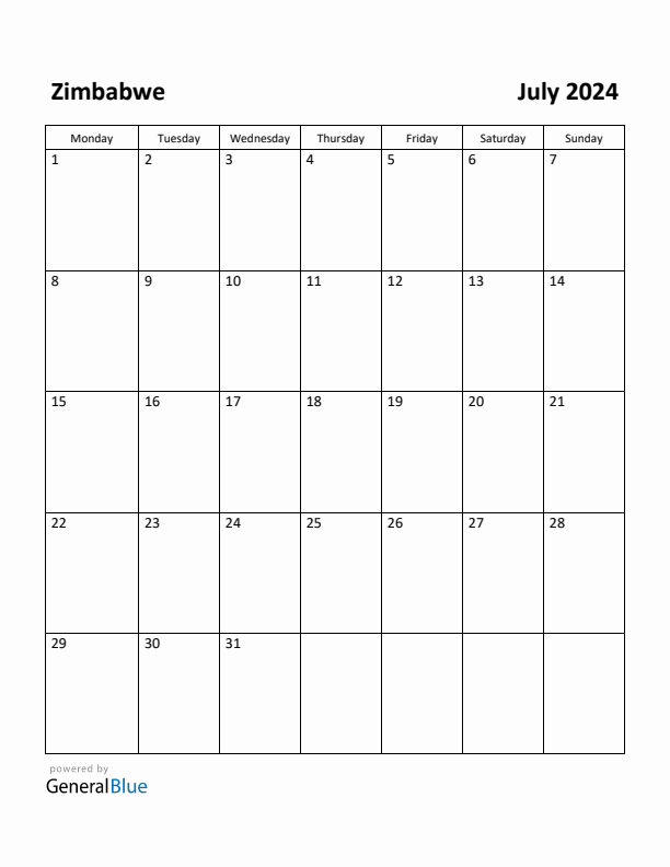 July 2024 Calendar with Zimbabwe Holidays