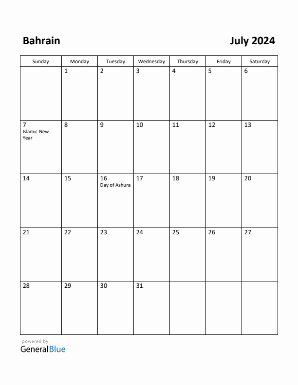 July 2024 Calendar with Bahrain Holidays