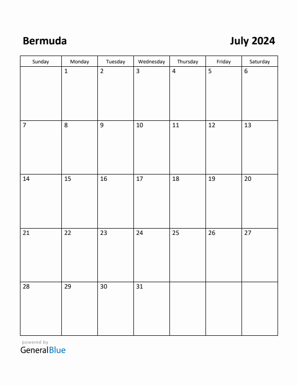 July 2024 Calendar with Bermuda Holidays