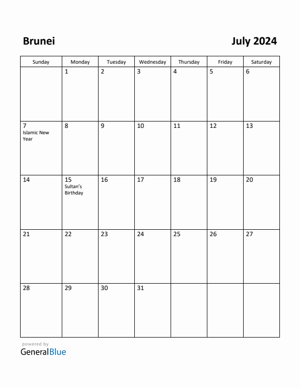 July 2024 Calendar with Brunei Holidays