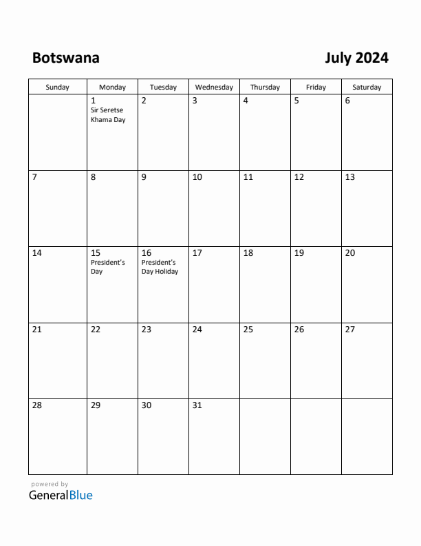 July 2024 Calendar with Botswana Holidays