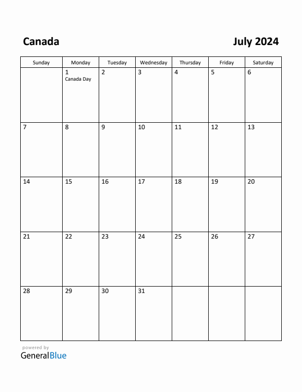 July 2024 Calendar with Canada Holidays