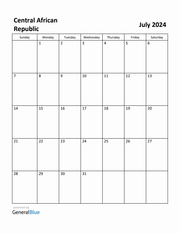 July 2024 Calendar with Central African Republic Holidays