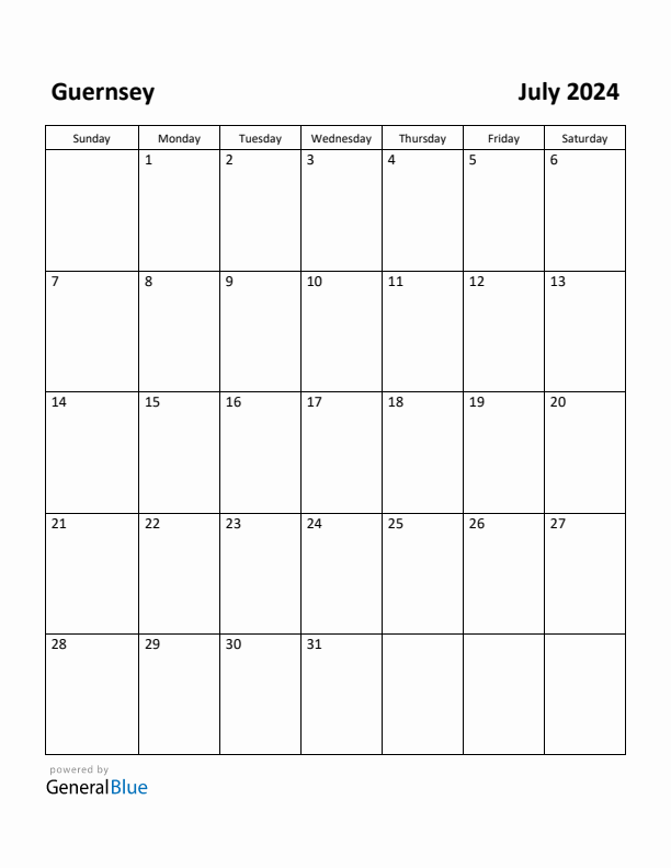 July 2024 Calendar with Guernsey Holidays