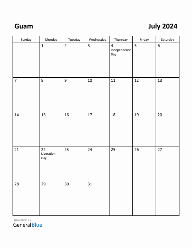 July 2024 Calendar with Guam Holidays