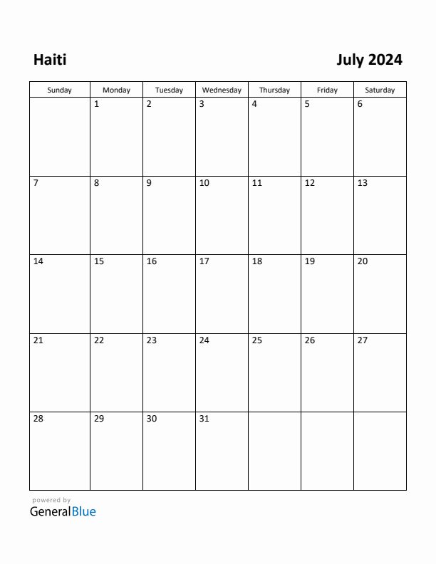 July 2024 Calendar with Haiti Holidays