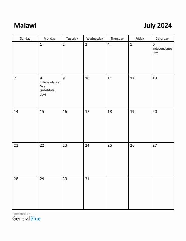 July 2024 Calendar with Malawi Holidays