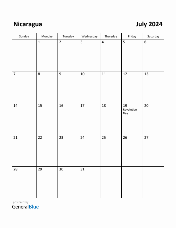 July 2024 Calendar with Nicaragua Holidays