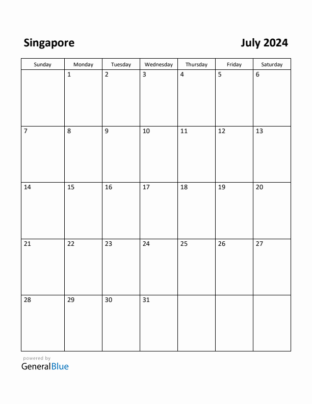 July 2024 Calendar with Singapore Holidays