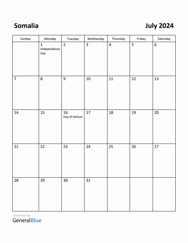 July 2024 Calendar with Somalia Holidays