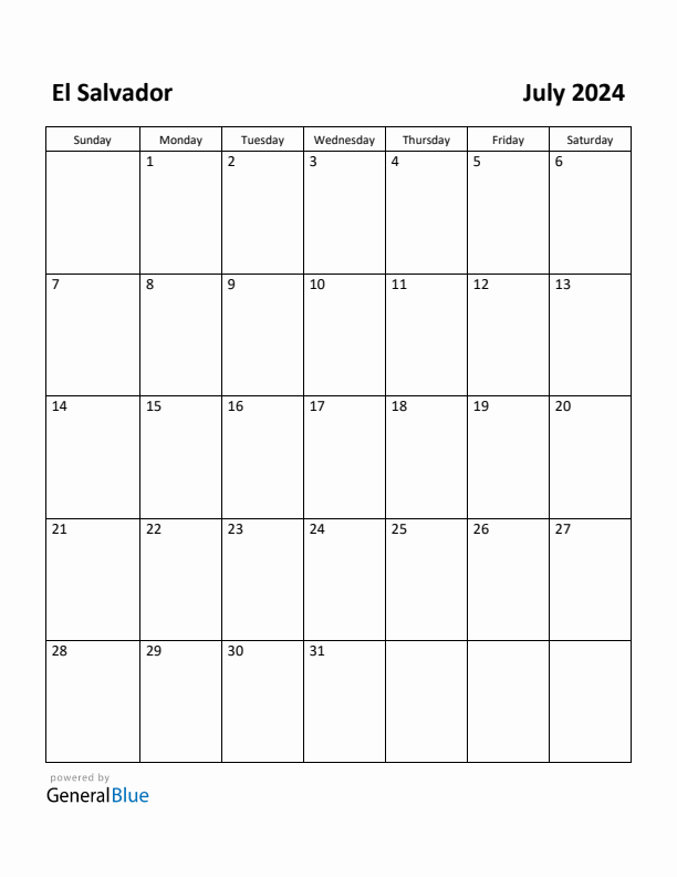 July 2024 Calendar with El Salvador Holidays