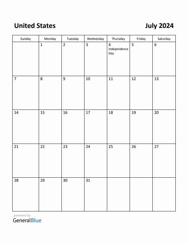 July 2024 Calendar with United States Holidays