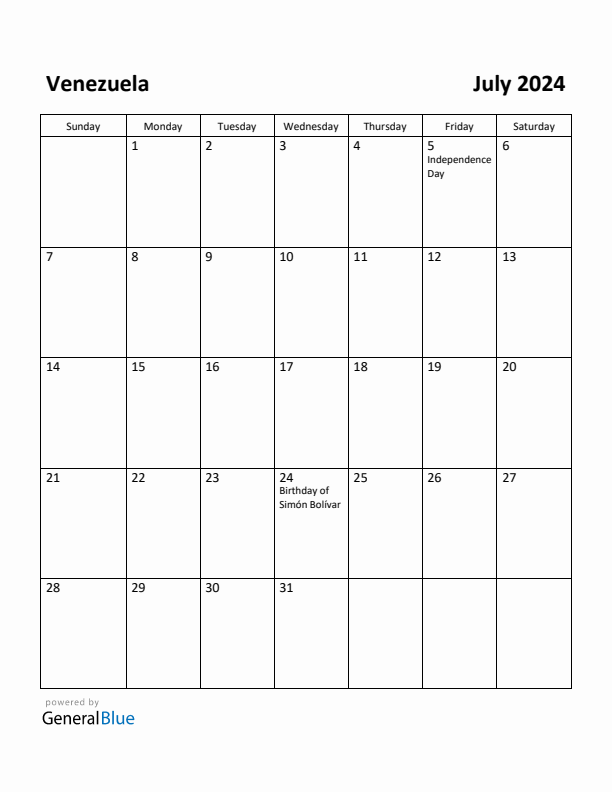 July 2024 Calendar with Venezuela Holidays