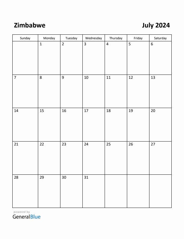 July 2024 Calendar with Zimbabwe Holidays