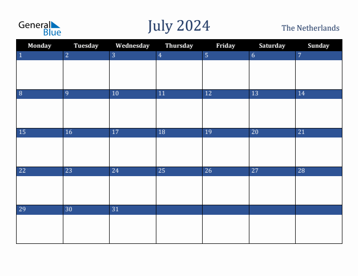 July 2024 The Netherlands Calendar (Monday Start)