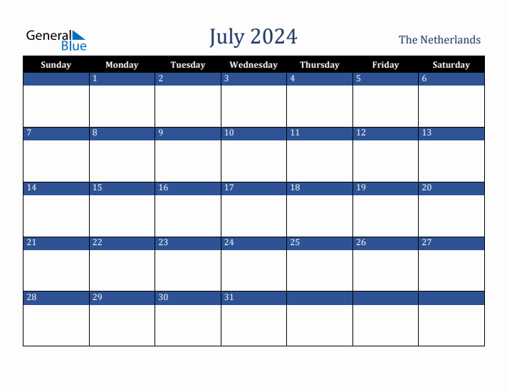 July 2024 The Netherlands Calendar (Sunday Start)