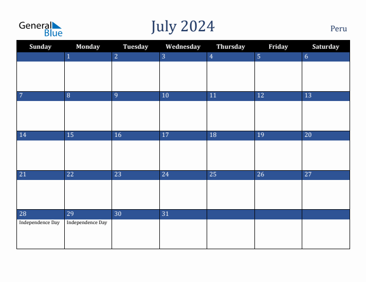 July 2024 Peru Calendar (Sunday Start)