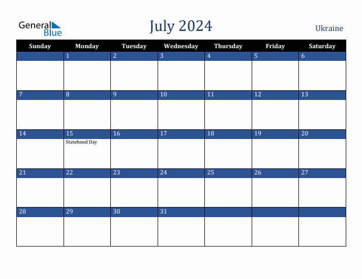 July 2024 Ukraine Calendar (Sunday Start)