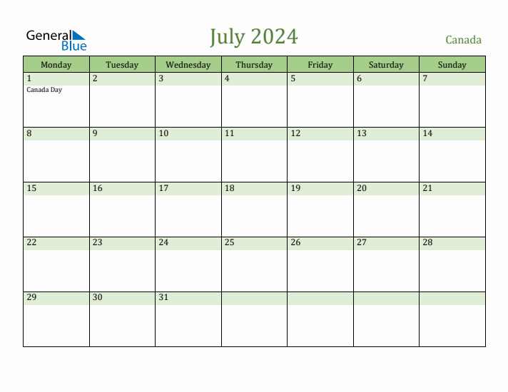 July 2024 Calendar with Canada Holidays