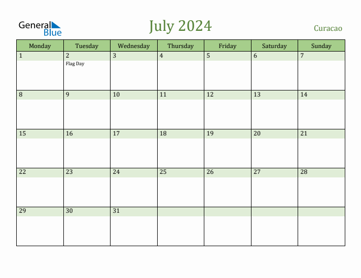 July 2024 Calendar with Curacao Holidays