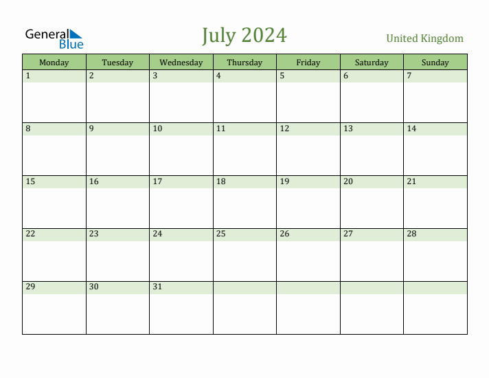 July 2024 Calendar with United Kingdom Holidays