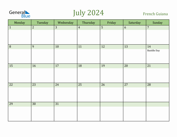 July 2024 Calendar with French Guiana Holidays